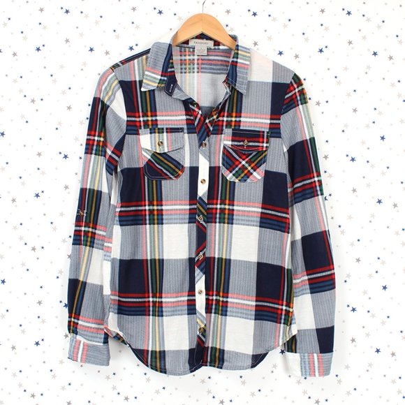 Tops - Navy Red Yellow Green White Plaid Shirt
